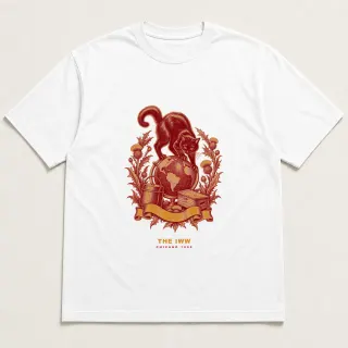 Front of a white tee with a two-color engraved design for The IWW