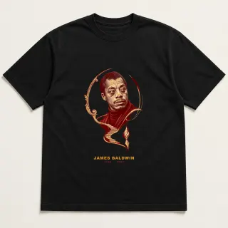 Front of a black tee with a two-color engraved design for James Baldwin