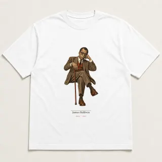 Front of a white tee carrying the light academia James Baldwin design