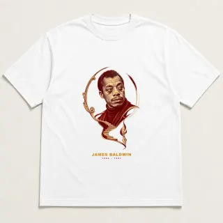 Front of a white tee with a two-color engraved design for James Baldwin