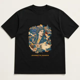 Front of a black tee with a three-color mixed-media design for Jeannette Rankin