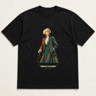 Front of a black tee carrying the mid-century Jeannette Rankin design