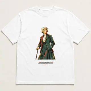 Front of a white tee carrying the mid-century Jeannette Rankin design