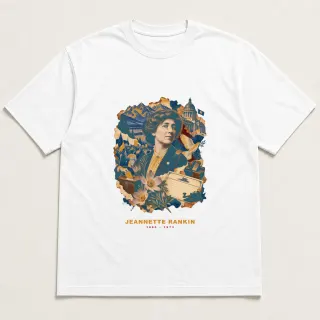 Front of a white tee with a three-color mixed-media design for Jeannette Rankin
