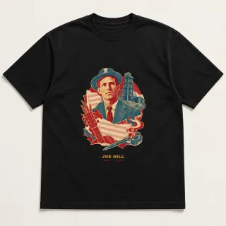 Front of a black tee with a three-color mixed-media design for Joe Hill