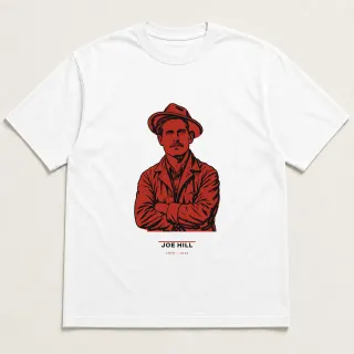 Front of a white tee carrying the utilitarian Joe Hill design