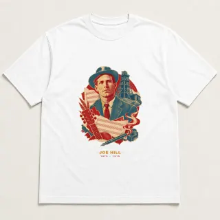 Front of a white tee with a three-color mixed-media design for Joe Hill