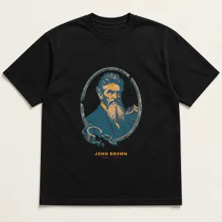 Front of a black tee with a four-color pixel-art design for John Brown