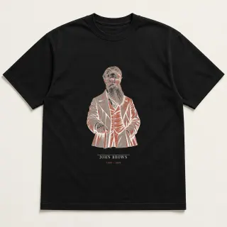 Front of a black tee carrying the neoclassical John Brown design