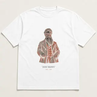 Front of a white tee carrying the neoclassical John Brown design