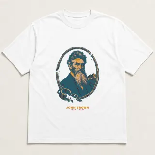 Front of a white tee with a four-color pixel-art design for John Brown