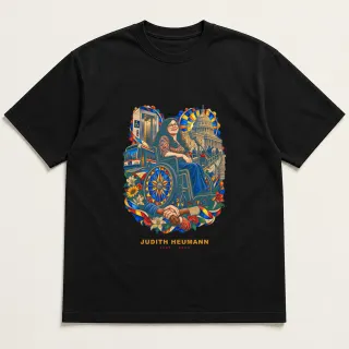 Front of a black tee with a two-color engraved design for Judith Heumann