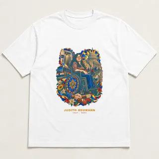 Front of a white tee with a two-color engraved design for Judith Heumann