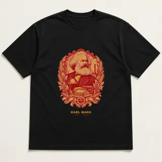 Front of a black tee with a two-color engraved design for Karl Marx