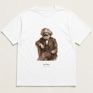 Front of a white tee carrying the conceptual sketch Karl Marx design