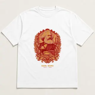 Front of a white tee with a two-color engraved design for Karl Marx