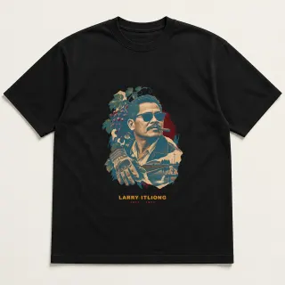 Front of a black tee with a three-color mixed-media design for Larry Itliong