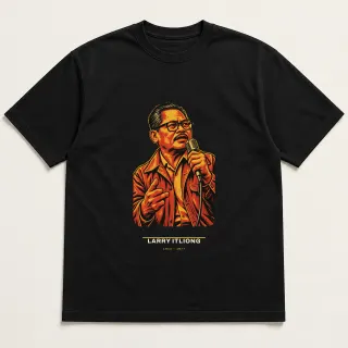 Front of a black tee carrying the civic modern Larry Itliong design