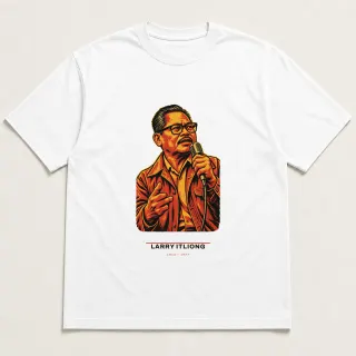 Front of a white tee carrying the civic modern Larry Itliong design
