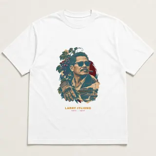 Front of a white tee with a three-color mixed-media design for Larry Itliong
