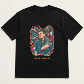 Front of a black tee with a four-color pixel-art design for Leslie Feinberg