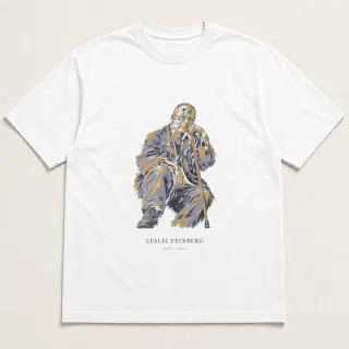 Front of a white tee carrying the ethereal Leslie Feinberg design