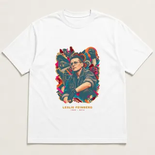 Front of a white tee with a four-color pixel-art design for Leslie Feinberg