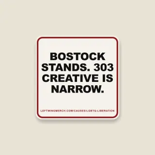 A cream square sticker with a red frame reading "Bostock stands. 303 Creative is narrow."
