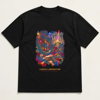 Front of a black tee with a two-color engraved design for LGBTQ Liberation