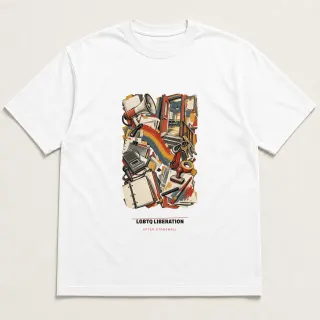 Front of a white tee carrying the archive collage LGBTQ Liberation design