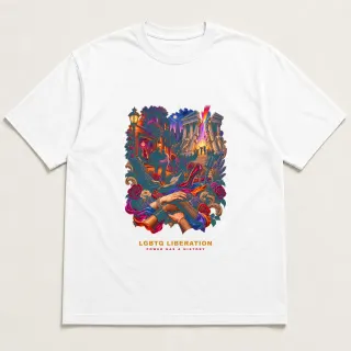Front of a white tee with a two-color engraved design for LGBTQ Liberation