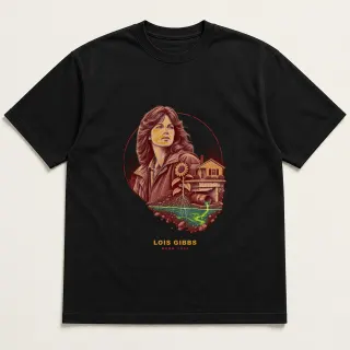 Front of a black tee with a two-color engraved design for Lois Gibbs