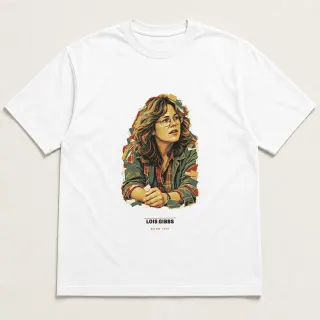 Front of a white tee carrying the scrapbook Lois Gibbs design
