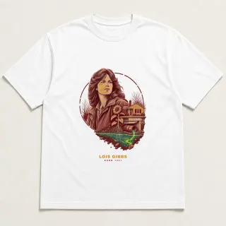 Front of a white tee with a two-color engraved design for Lois Gibbs
