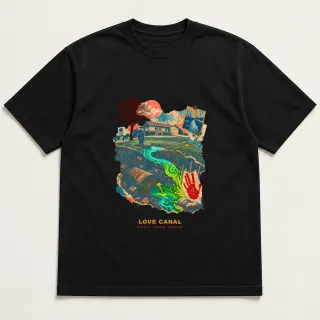 Front of a black tee with a three-color mixed-media design for Love Canal