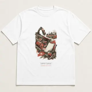 Front of a white tee carrying the wabi sabi Love Canal design