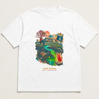 Front of a white tee with a three-color mixed-media design for Love Canal
