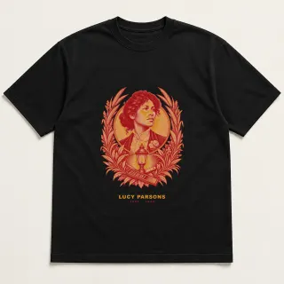 Front of a black tee with a two-color engraved design for Lucy Parsons