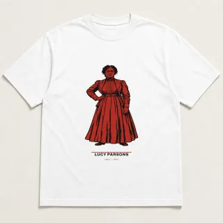 Front of a white tee carrying the utilitarian Lucy Parsons design