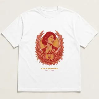 Front of a white tee with a two-color engraved design for Lucy Parsons