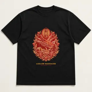 Front of a black tee with a two-color engraved design for Ludlow Massacre