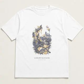 Front of a white tee carrying the ethereal Ludlow Massacre design