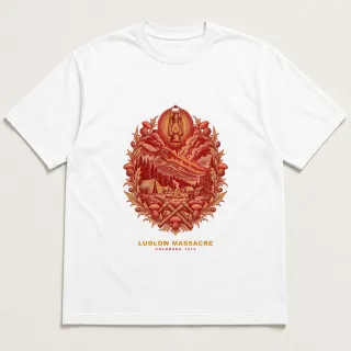Front of a white tee with a two-color engraved design for Ludlow Massacre