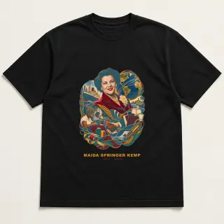 Front of a black tee with a three-color mixed-media design for Maida Springer Kemp