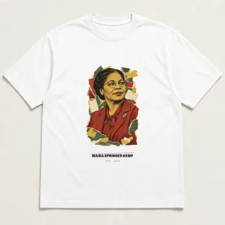 Front of a white tee carrying the scrapbook Maida Springer Kemp design