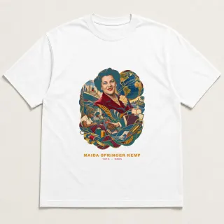 Front of a white tee with a three-color mixed-media design for Maida Springer Kemp