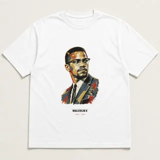 Front of a white tee carrying the mixed media Malcolm X design