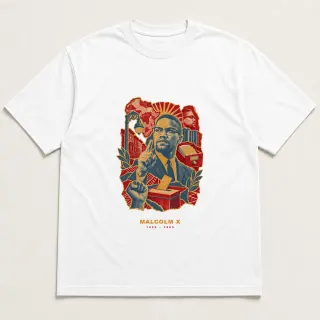 Front of a white tee with a three-color mixed-media design for Malcolm X