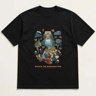 Front of a black tee with a four-color pixel-art design for March on Washington