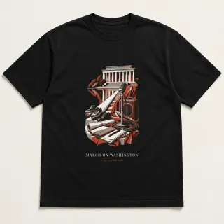 Front of a black tee carrying the neoclassical March on Washington design